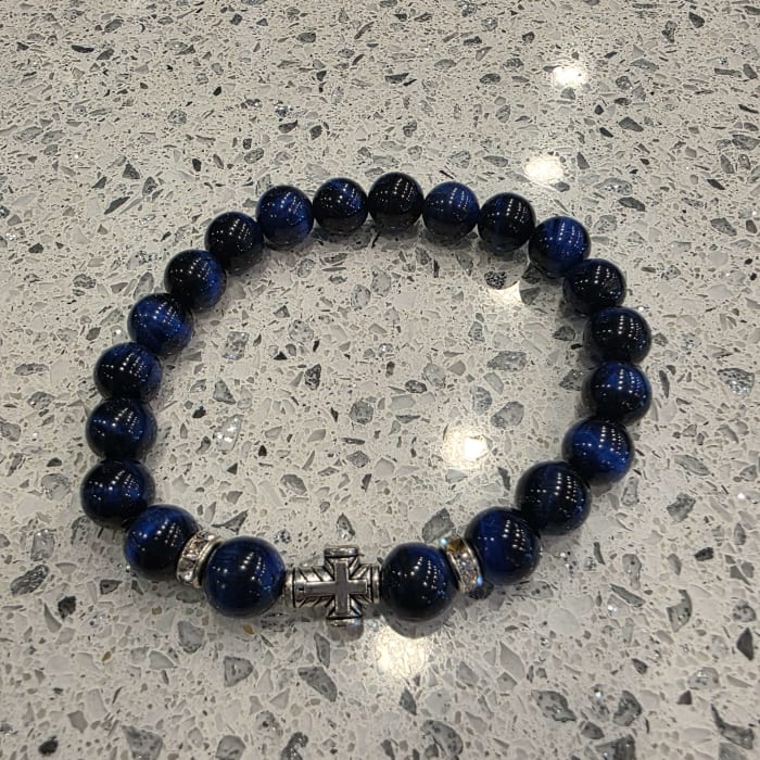 Blue Tiger Eye Bracelet with Cross