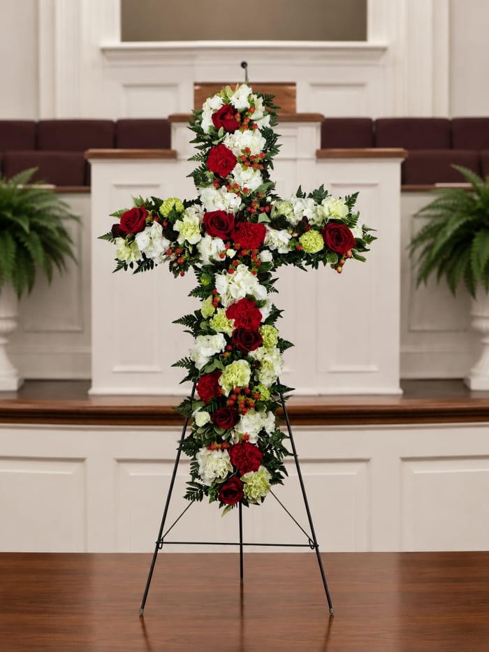 Crimson Farewell Cross Standing Spray