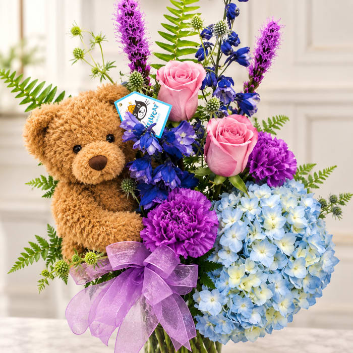 Big Hug Vase of Purples with Plush Stuffie