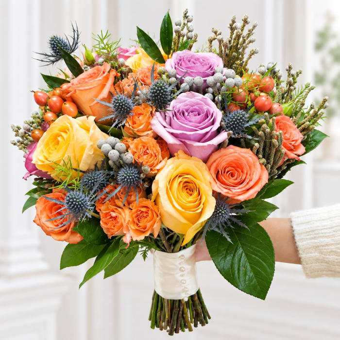 Coral & Lavender Rose Bridal Bouquet with Thistle & Brunia