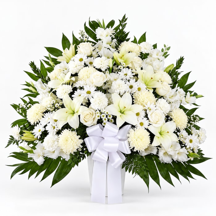 Heartfelt Sympathies White Funeral Standing Basket