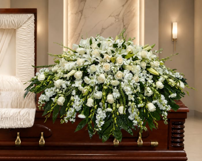 CV-12 Casket cover de rosas, claveles, orquídeas dendrobium, lirios y stocks