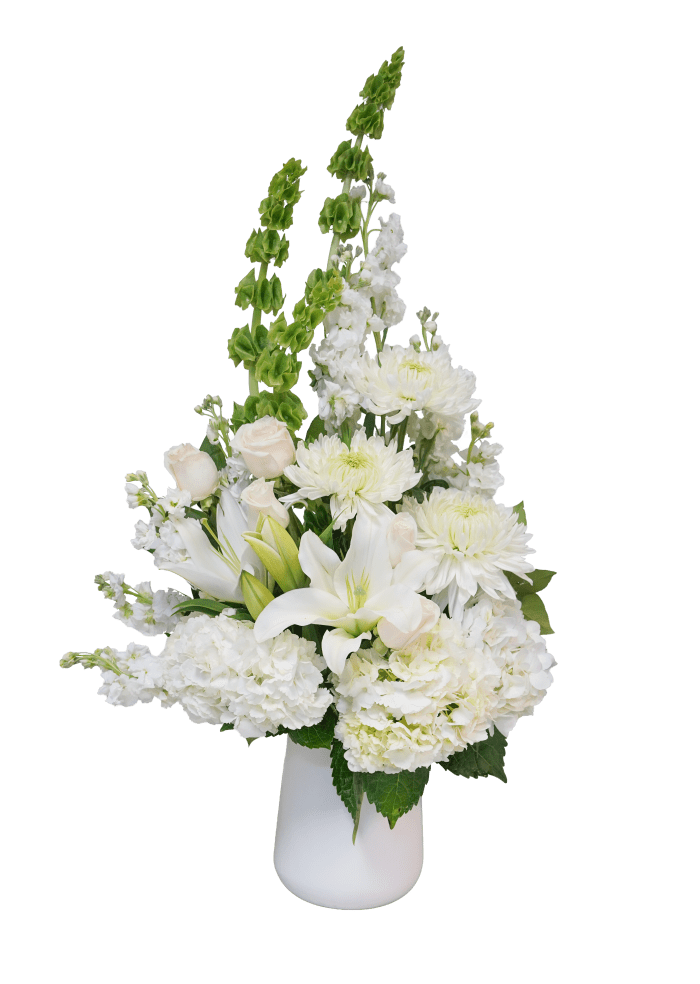 AR-11 Arreglo funeral de rosas, crisantemos, hortensias, stocks,campana de Irlanda y lirios casablanca