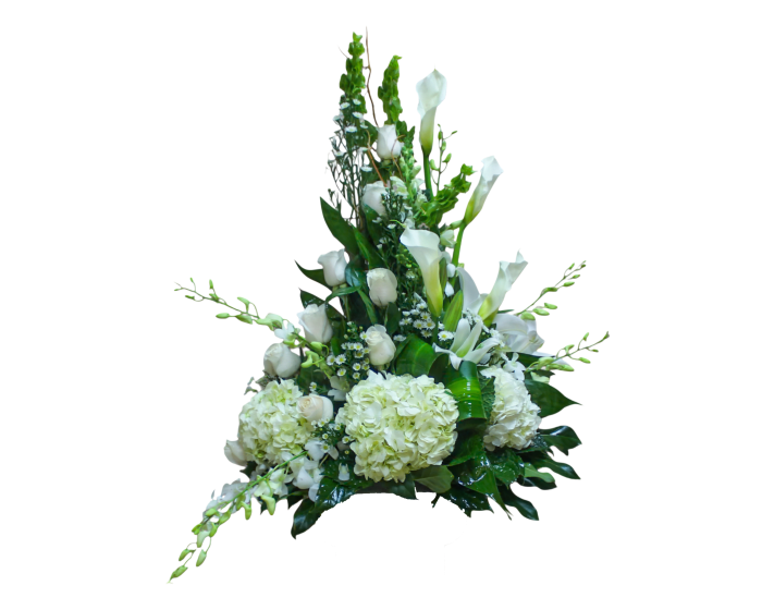AR-16 Arreglo funeral de rosas, lirios cala, orquídeas, hortensias,montecasino, lirios casablanca y campana de Irlanda