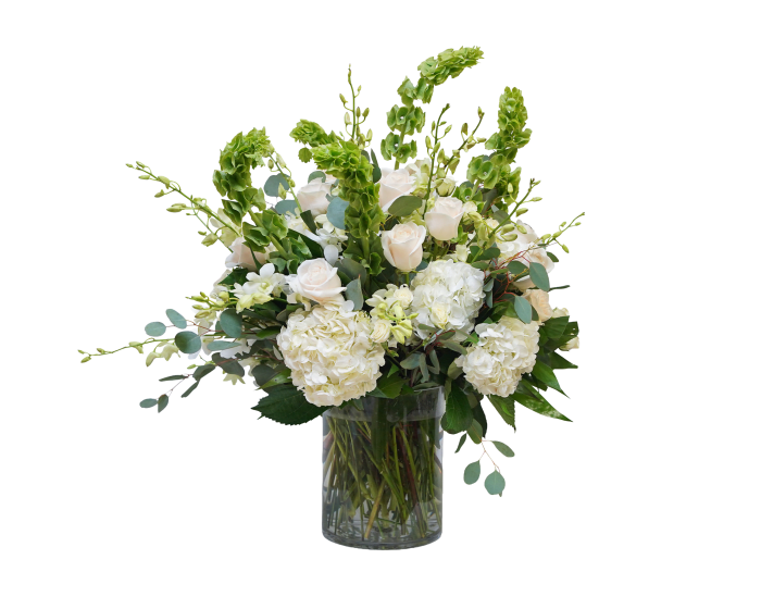 AR-18 Arreglo funeral de rosas, orquídeas dendrobium,hortensias, eucalipto y campana de Irlanda
