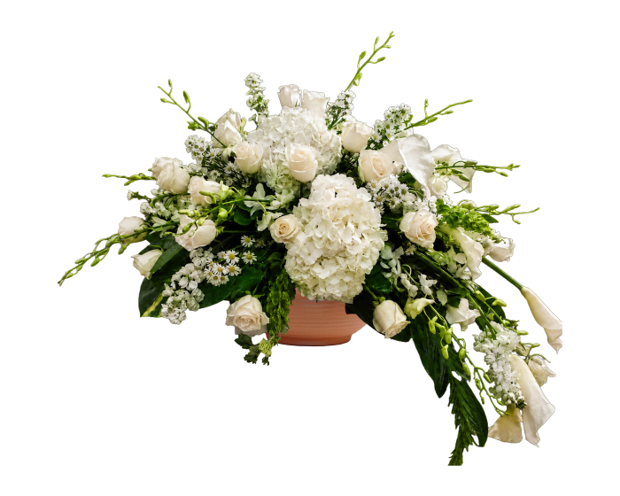 AR-20 Arreglo funeral de rosas, lirios cala, orquídeas dendrobium, hortensias, montecasino y campana de Irlanda