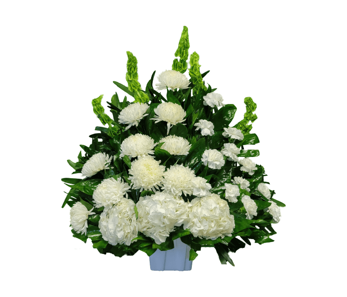 CN-03 Canasta funeral de claveles, crisantemos, hortensias y campana de Irlanda