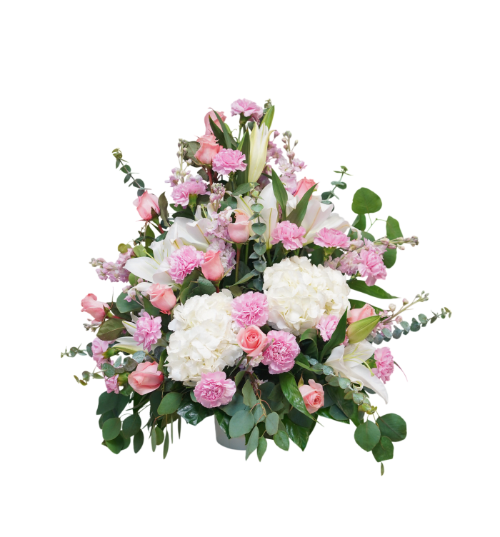 CN-05 Canasta funeral de rosas, claveles, lirios, hortensias y eucalipto