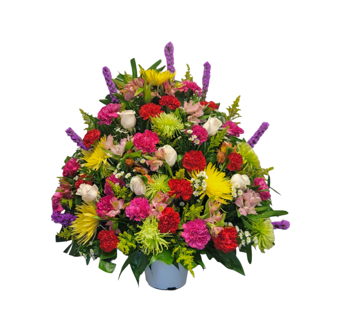 CN-08 Canasta funeral de rosas, claveles, spiders, stocks, liatris,solidago, alstroemerias y montecasino