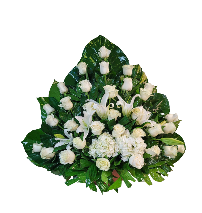 CN-10 Canasta funeral de rosas, hortensias y lirios casablanca