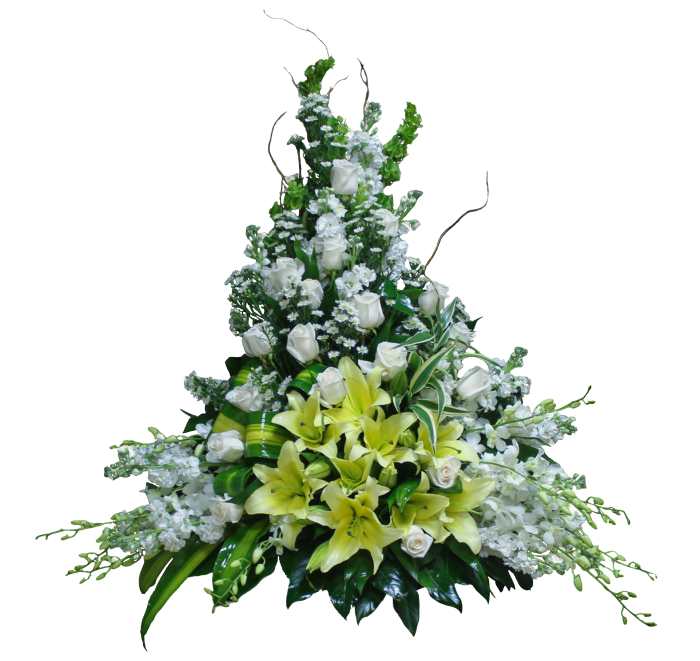 CN-13 Canasta funeral de rosas, lirios concador, orquídeas dendrobium, stocks, montecasino y campana de Irlanda