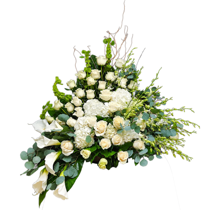 CN-14 Canasta funeral de rosas, lirios cala, orquídeas dendrobium, hortensias, eucalipto y campana de Irlanda