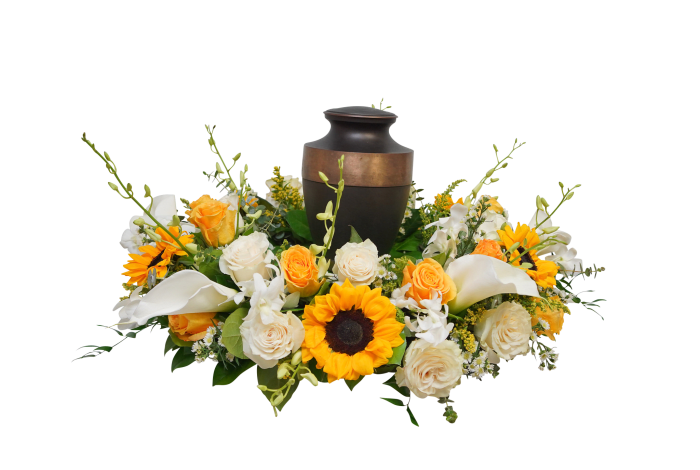 UR-09 Arreglo para urna de rosas, lirios cala, orquídeas dendrobium, girasoles, montecasino y solidago