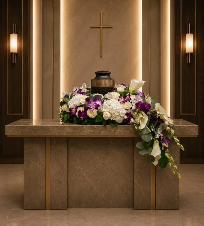 UR-10 Arreglo para urna de rosas, lirios cala, orquídeas dendrobium, hortensias y eucalipto