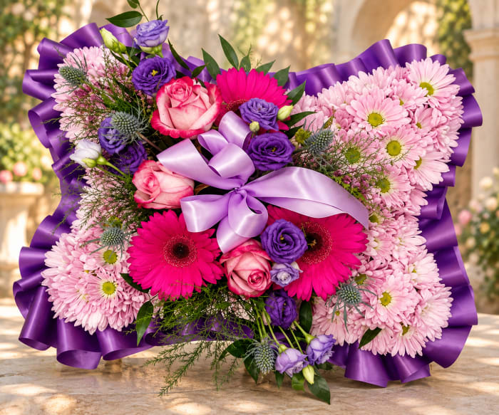 Purple Lisianthus, Gerbera, Rose Pillow
