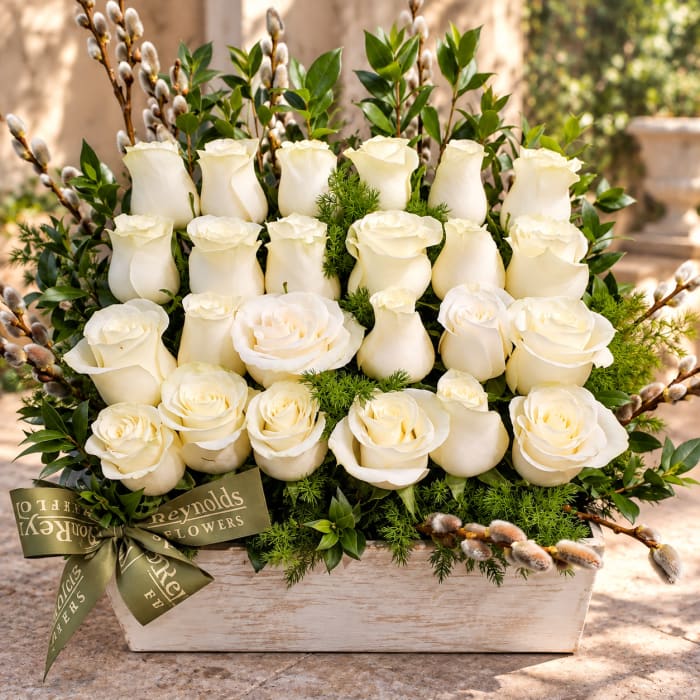 24 White Mondial Roses in Wood Box