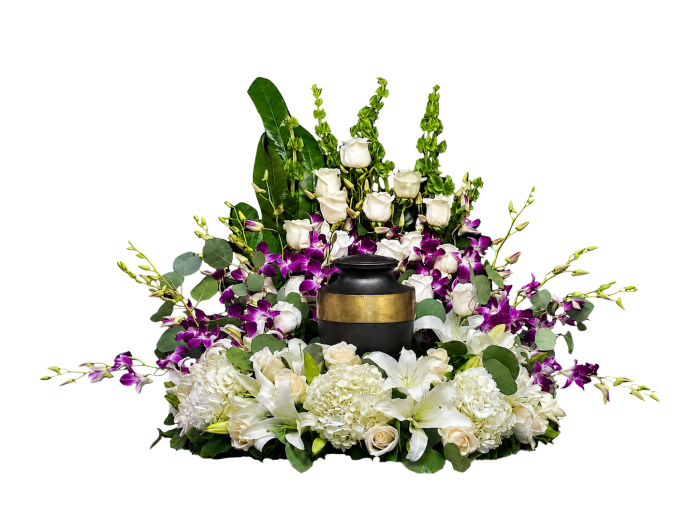 UR-12 Arreglo para urna de rosas, orquídeas, lirios, hortensias y campana de Irlanda
