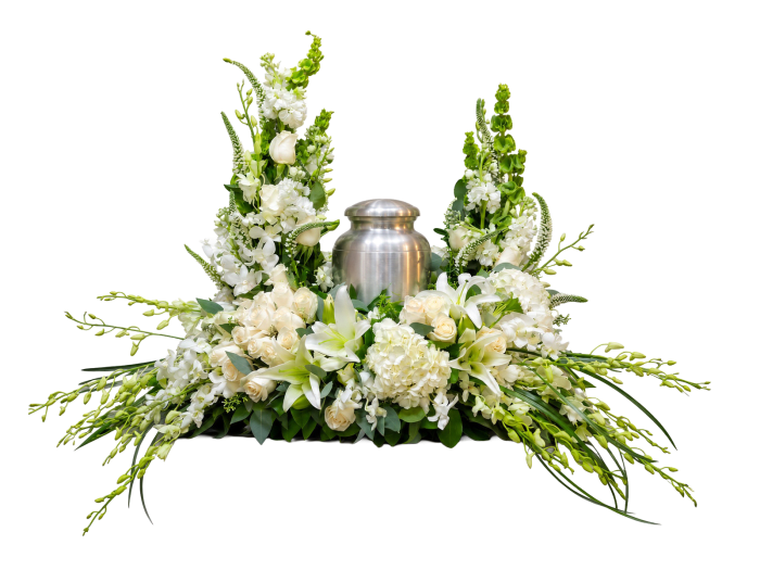 UR-16 Arreglo para urna de rosas, orquídeas, hortensias, stocks, lirios casablanca y campana de Irlanda