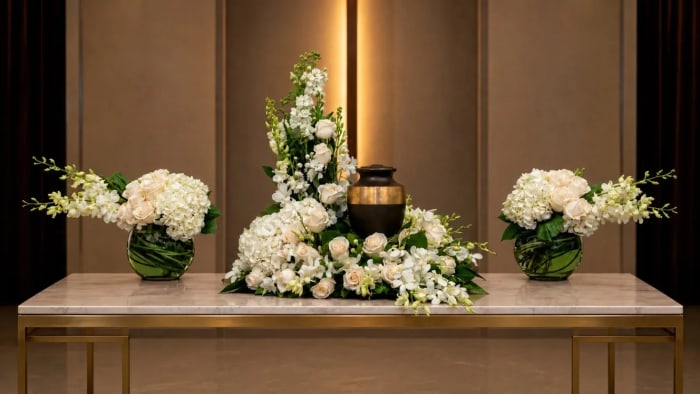 UR-18 Set de urna de rosas, orquídeas, hortensias, stocks y campana de Irlanda: urna y 2 arreglos