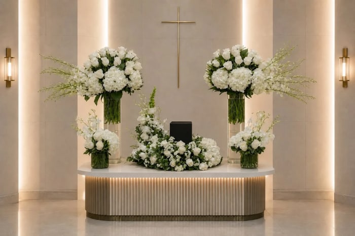 UR-19 Set de urna de rosas, orquídeas y hortensias: urna y 4 arreglos