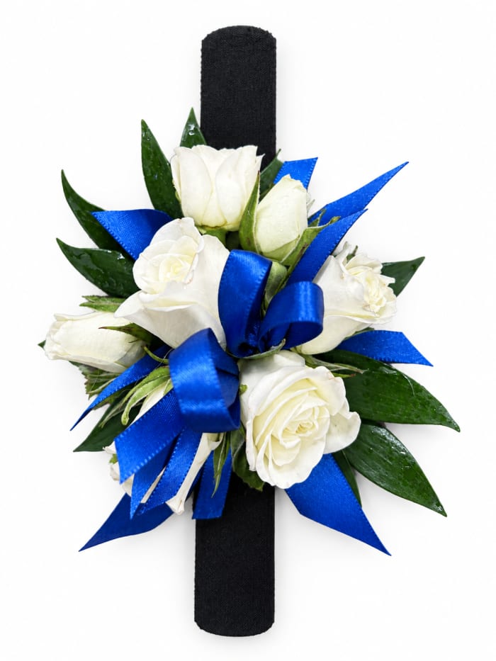 White Rose Corsage with Blue Ribbon
