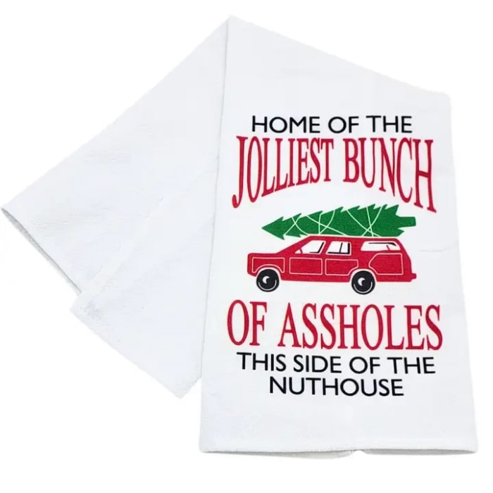 Home of The Jolliest Bunch Funny Christmas Tea Towel