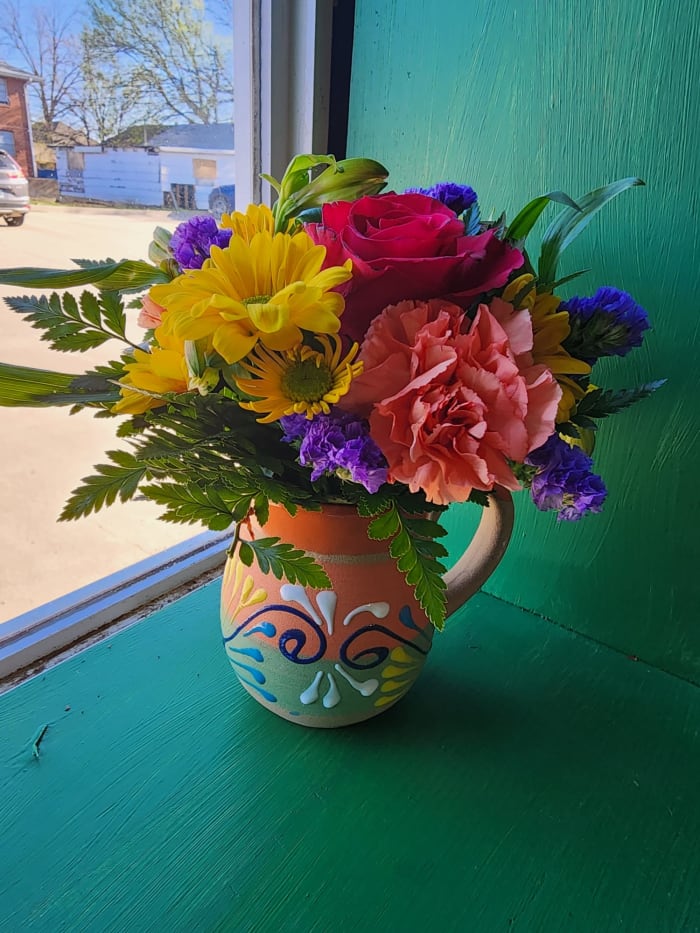 Colorful Hand Painted Clay Mug Flower Delivery Stillwater OK Garden