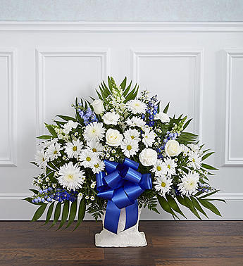 Heartfelt Tribute™ Floor Basket- Blue & White Flower Bouquet