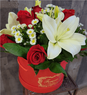 Dozen Red Rose w/ lily and aster in Forever Round Box