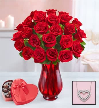 Romantic Red Roses with Heart Necklace