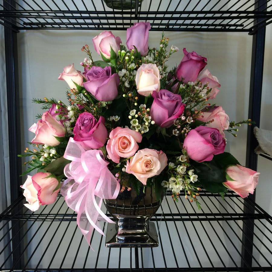 Lavender Roses in Silver Pedestal