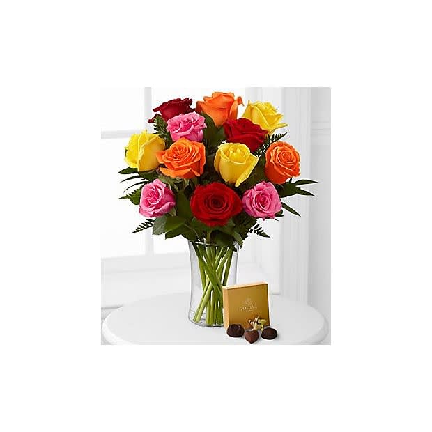 1 Dozen Mixed Roses with Godiva Chocolates