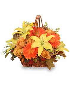 GOLDEN GRANDEUR Basket of Fall Flowers Flower Bouquet
