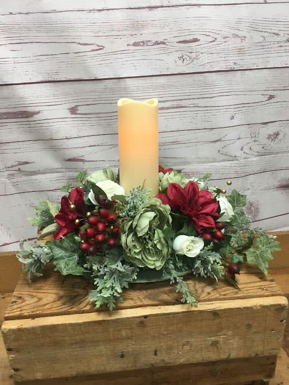 A Golden Christmas Silk (Artificial) Centerpiece With LED Candle
