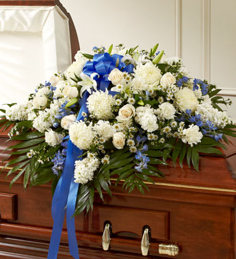 Blue & White Mixed Half Casket Cover Flower Bouquet