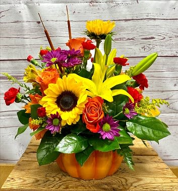 Pumpkin Patch Floral Arrangement In Pumpkin Flower Bouquet