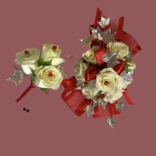 Ruby Shimmer Wristlet and Boutonniere Set Flower Bouquet