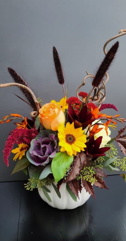 Ceramic White pumpkin centerpiece Flower Bouquet