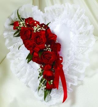 Satin Heart Pillow with Red Flowers