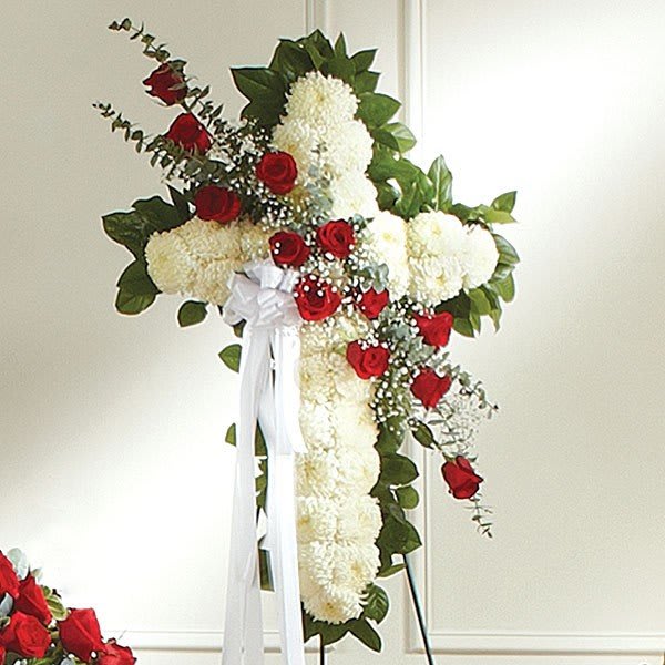 White Cross with Red Roses
