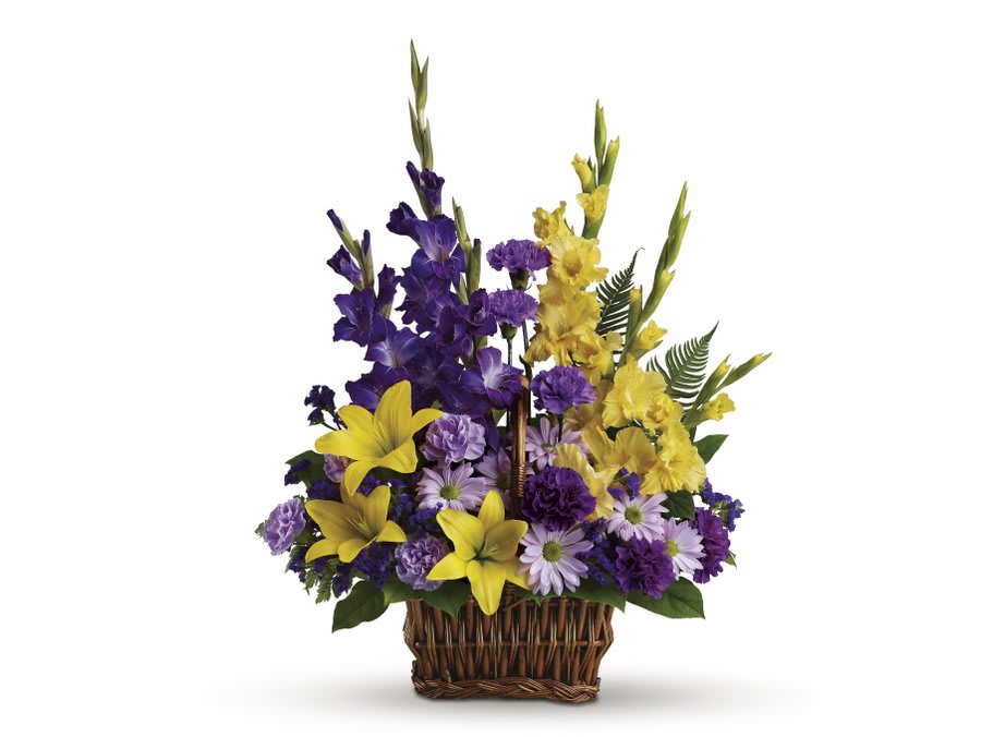 Purple & Yellow Basket Arrangement Flower Bouquet