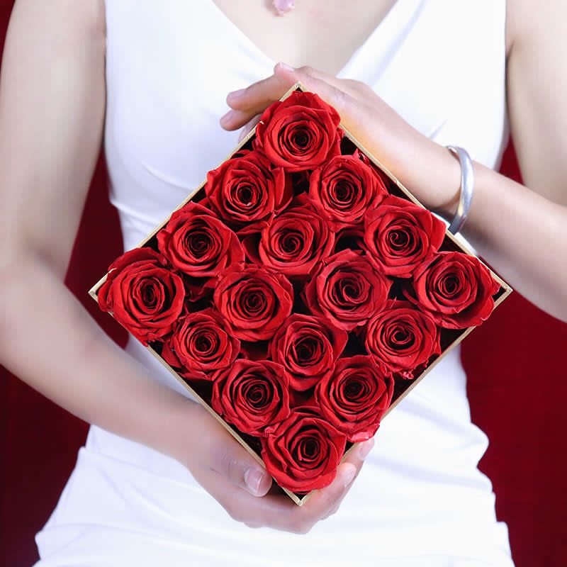 Box Red Eternal Roses in Square Gold Edge Black Box Flower Bouquet