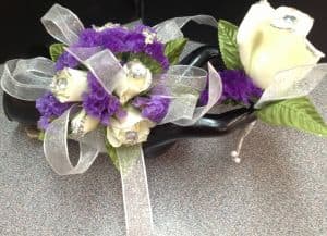 Glittered White Rose Wristlet & Matching Bout