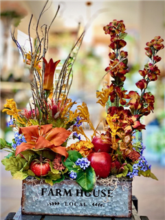 Farmhouse Tray with Silks and Fruits Flower Bouquet
