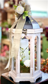 Small Wood Lantern - White Silks Flower Bouquet