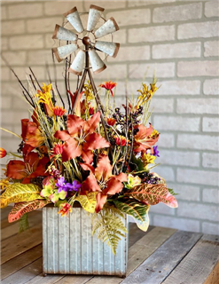 Windmill Planter with Silk Flowers Flower Bouquet