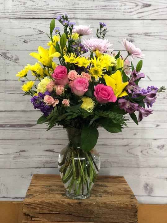 Timeless Expression Bouquet in Purple, Yellow and Pink Flower Bouquet