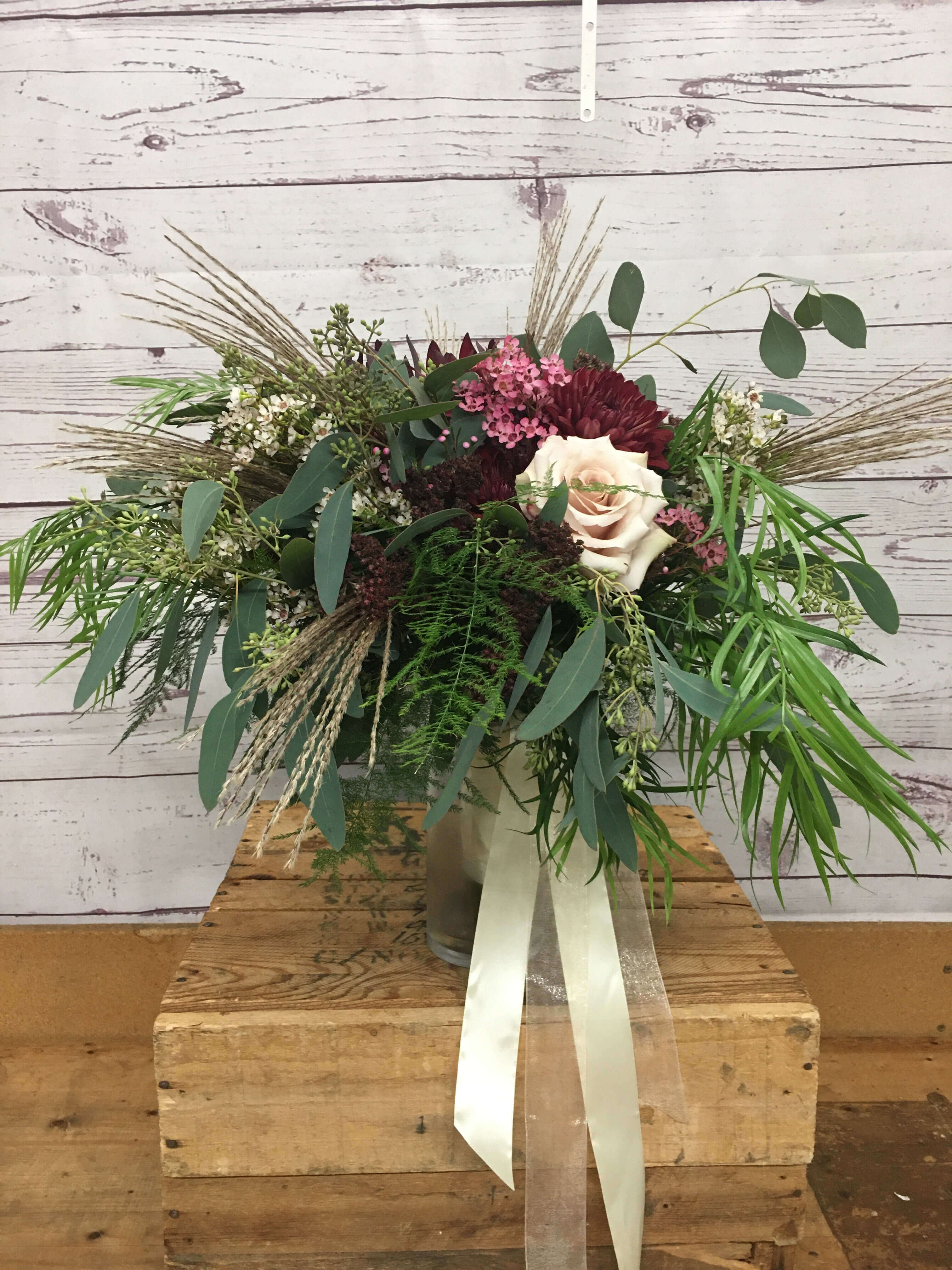 Bohemian Blush Rose & Burgundy Wedding Flowers