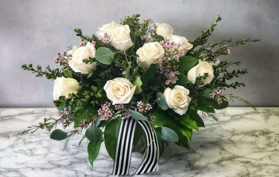 Dozen White Roses in a rose bowl