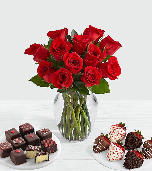 12 Roses, Valentine's Strawberries & Cheesecake Bites